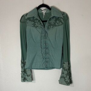 Now USA 90s Vintage Blue Lace Front Bell Sleeve Top M